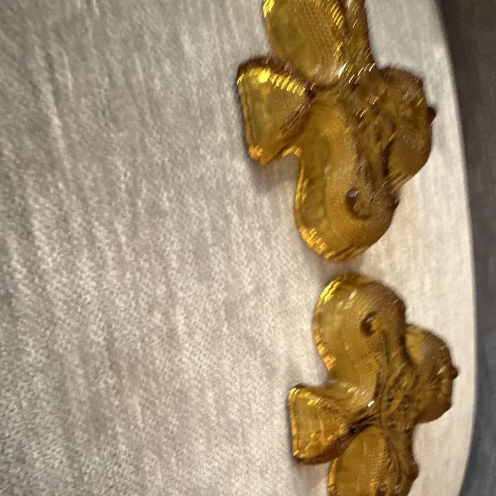 1970’s Amber Glass Shamrock Trinket Dishes set 2 Floral Pattern Indiana Glass Co